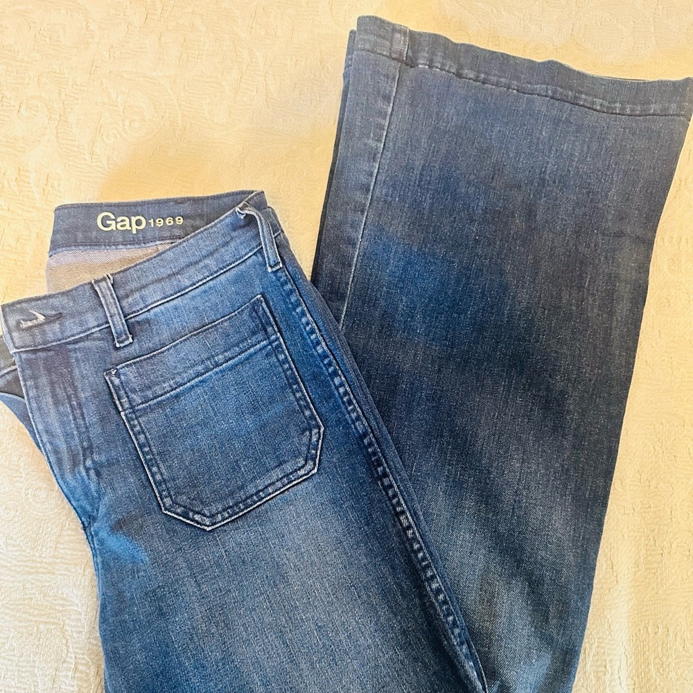GAP Classic High-Rise Flare Indigo Denim Jeans: fitted hip, then wide flare.